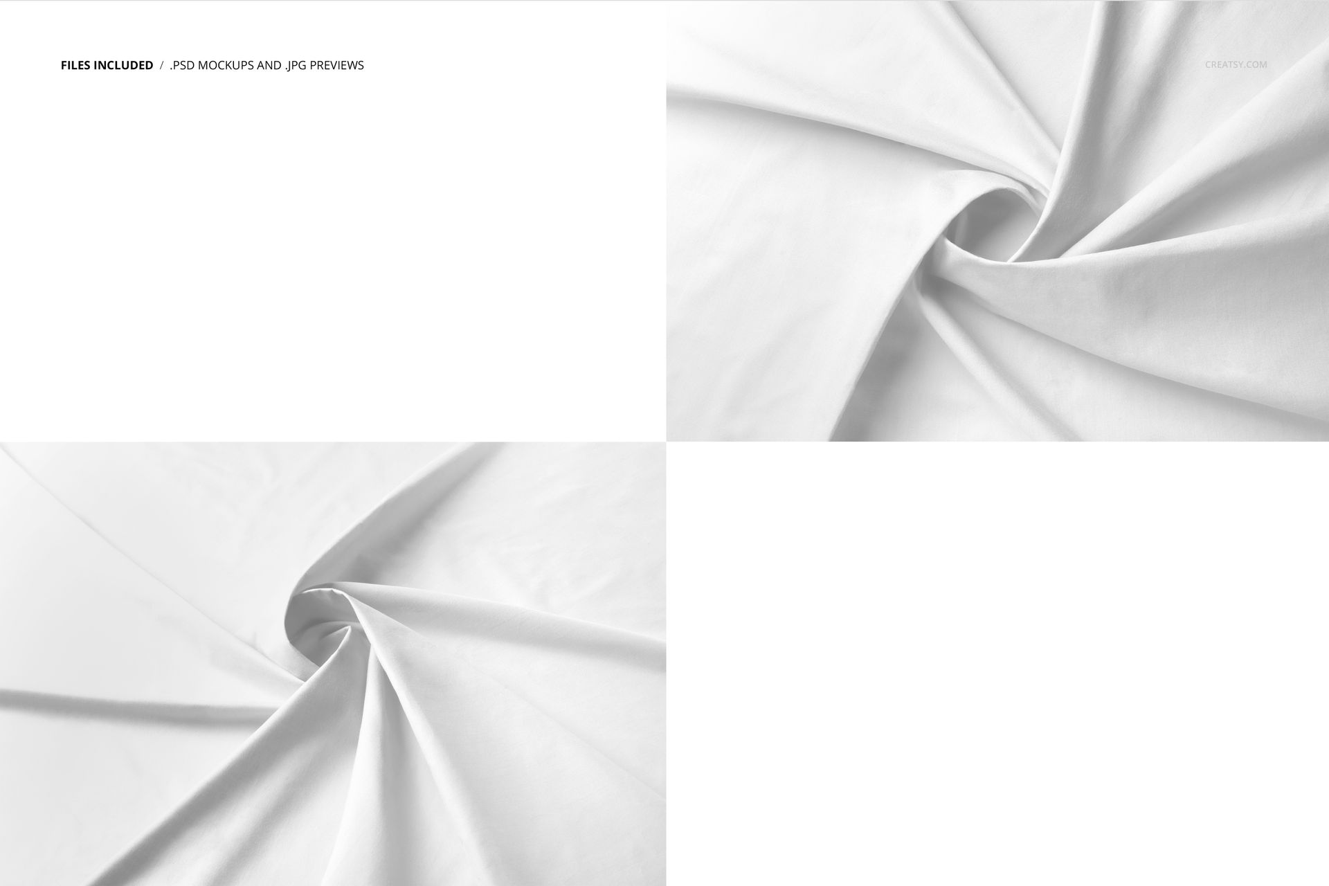Twisted cotton fabric mockup set showing three panels with white textile, each with a swirl pattern from a top view.