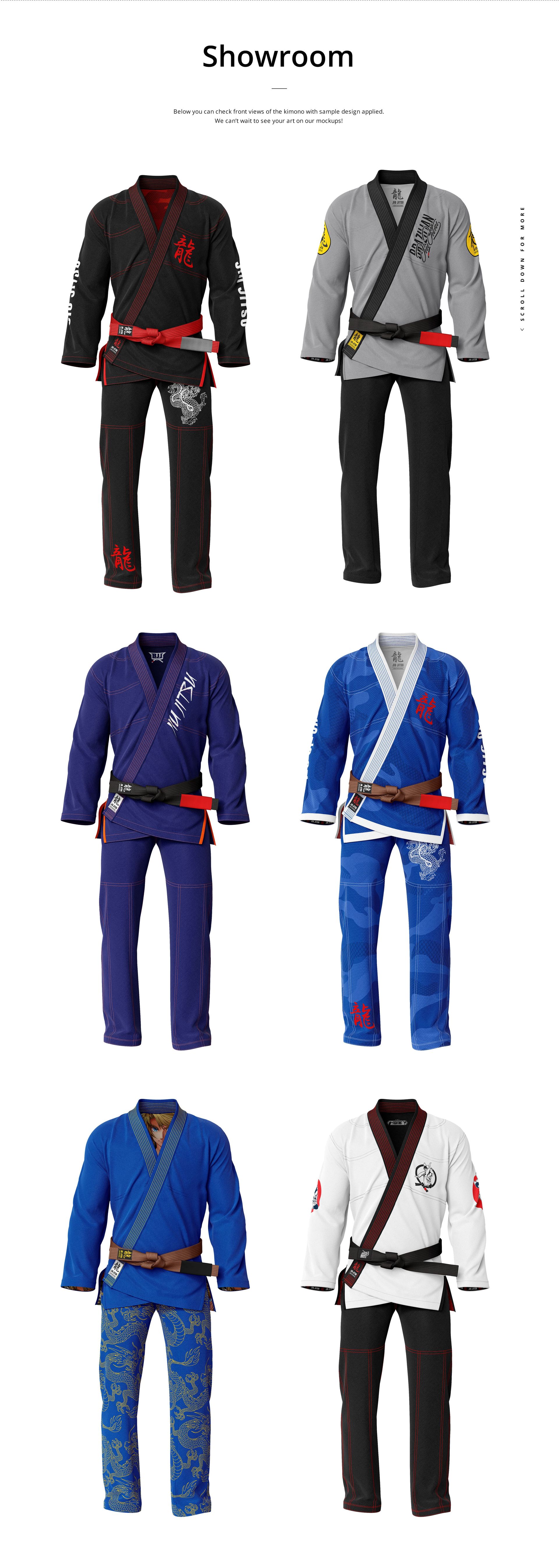 Front view of six BJJ GI mockup uniforms in black, gray, blue, and white, arranged in two columns on a white backdrop.