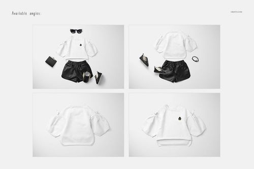 Baby sweater and shorts mockup set in white, shown from multiple angles on a light background with accessories.