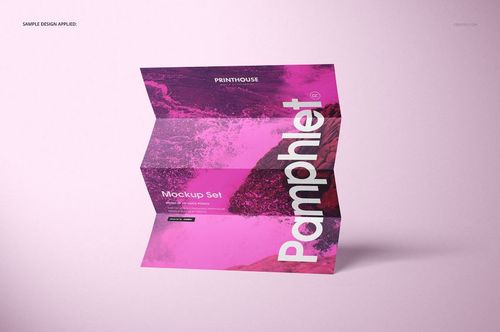 A4 pamphlet mockup set displayed standing on a light pink surface, featuring a folded design with vibrant pink artwork.