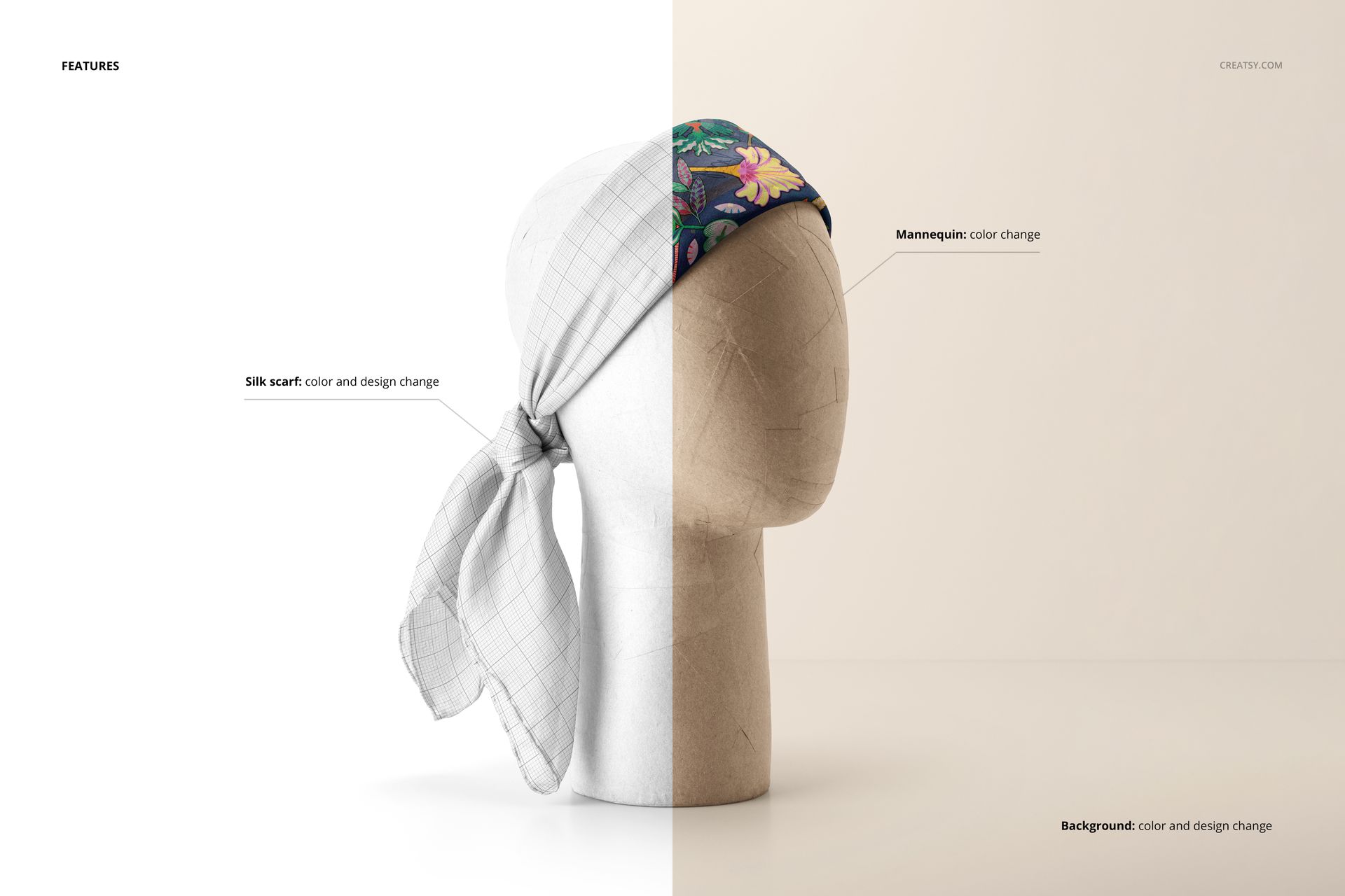 Mockup showing a habotai silk scarf tied around a mannequin head, split between monochrome grid and vibrant floral patterns.