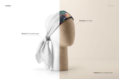 Mockup showing a habotai silk scarf tied around a mannequin head, split between monochrome grid and vibrant floral patterns.