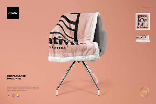Mockup of a sherpa blanket featuring a geometric design in pink and black, displayed on a swivel chair, peach backdrop.