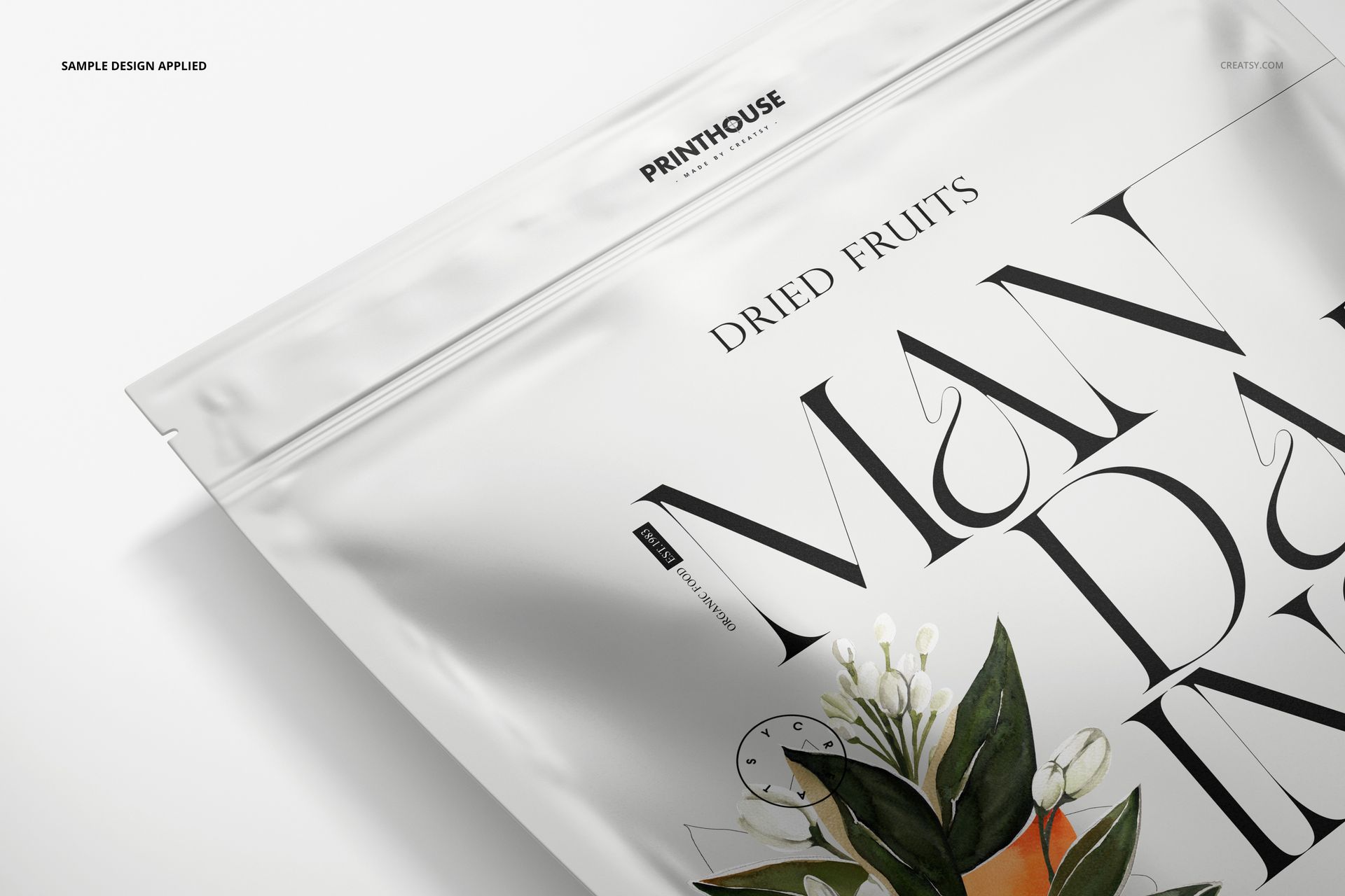 Front view of a stand up zip lock pouch with a botanical design and bold text, shown in a realistic mockup setting.