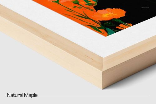 Detailed corner perspective of a natural maple wooden frame mockup with white matte and colorful floral print.