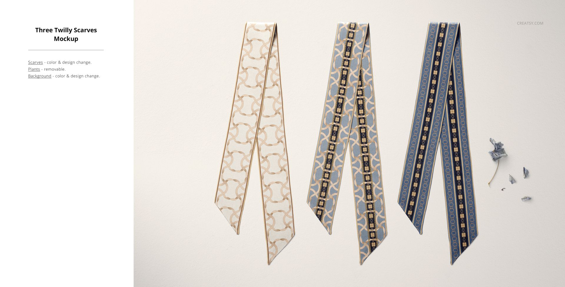 PSD mockup of three decorative silk twilly scarves with varied designs, presented on a plain light backdrop.