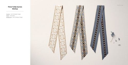 PSD mockup of three decorative silk twilly scarves with varied designs, presented on a plain light backdrop.