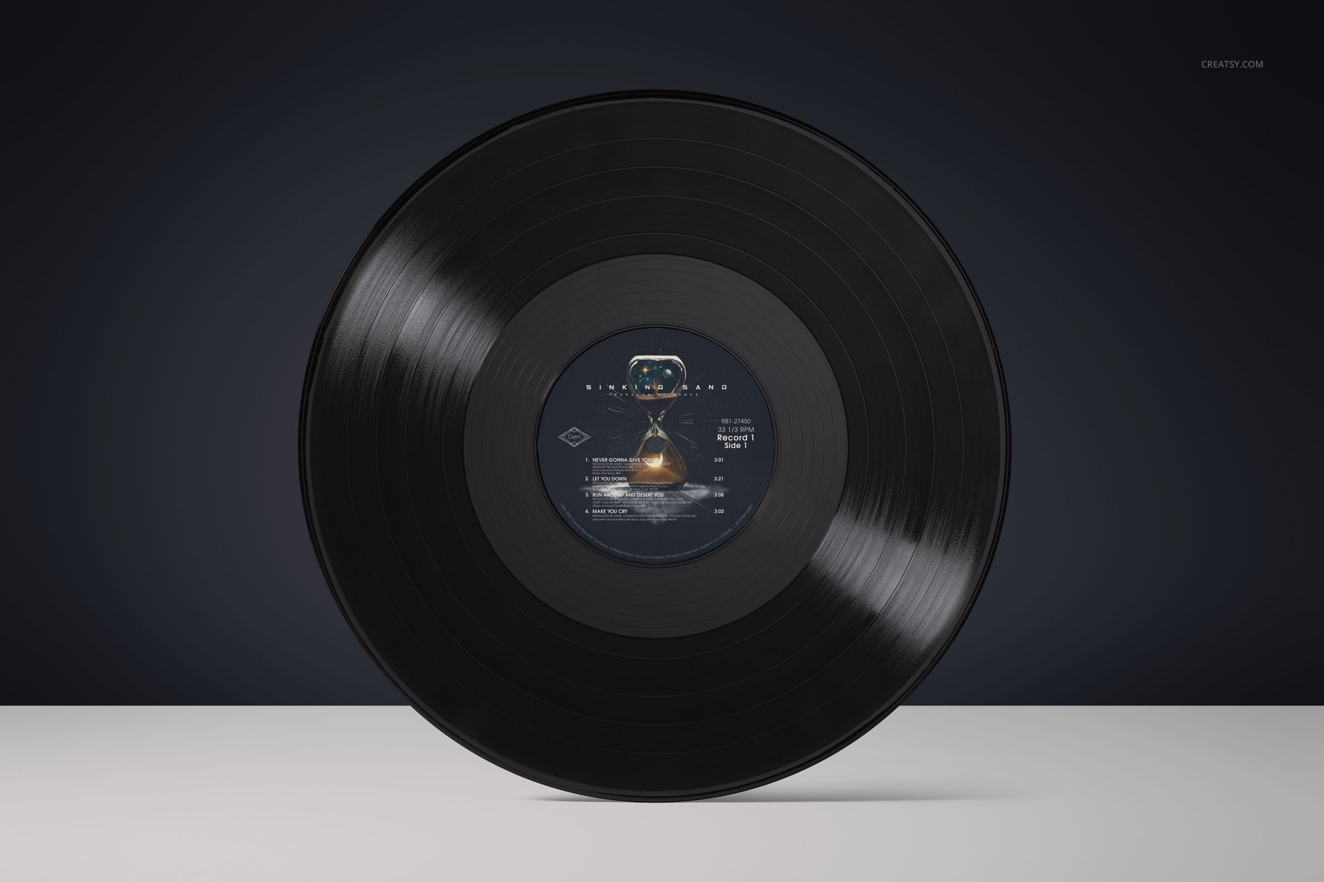 Front view of a black vinyl record mockup featuring a circular label design, displayed on a clean white tabletop.