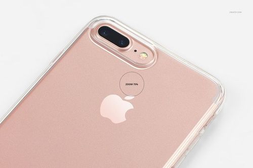 iPhone 7 Plus with clear case mockup, close-up of back side highlighting Apple logo and lens area.