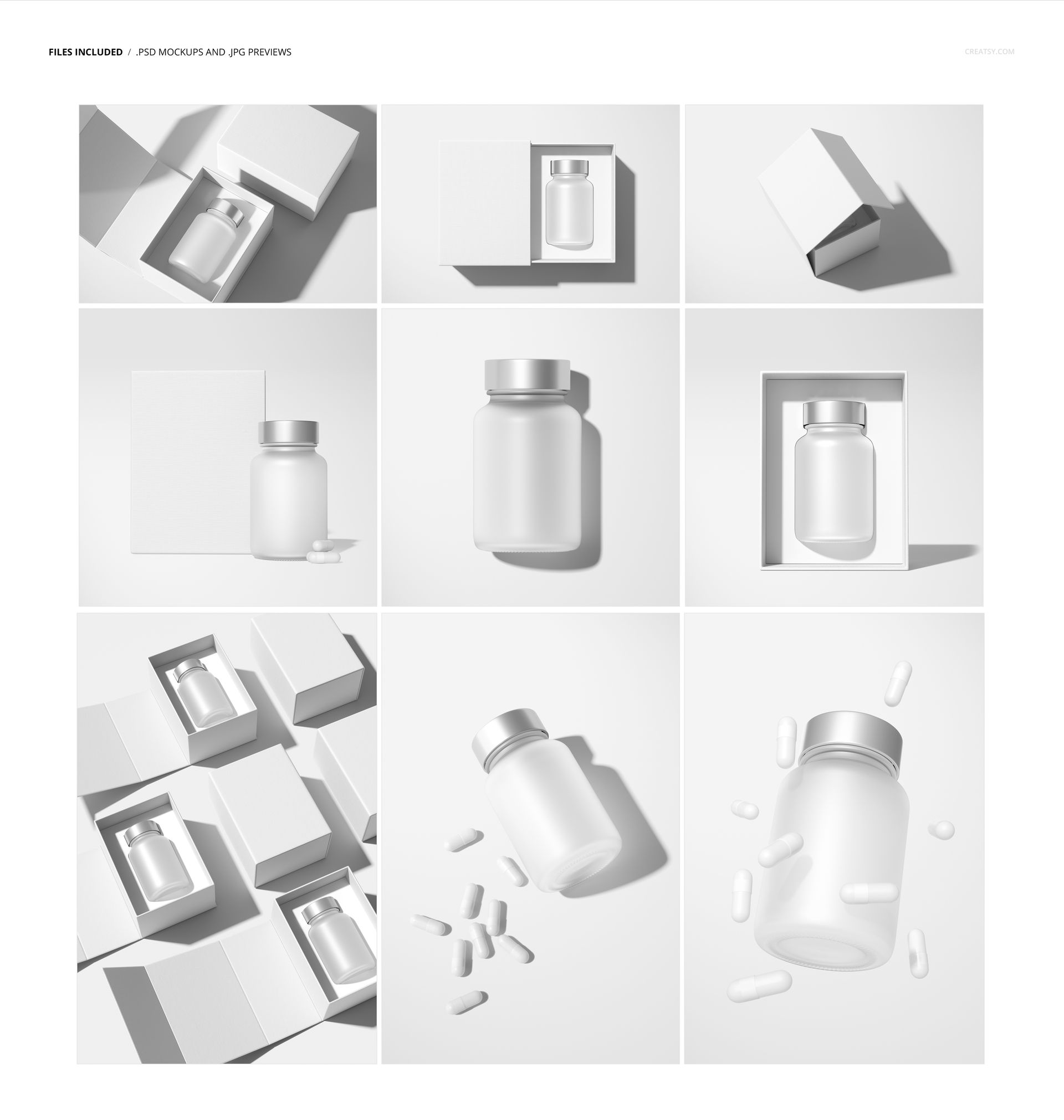 Beauty capsules packaging mockup featuring clear bottles, open boxes, and scattered capsules in a minimalist white scene.