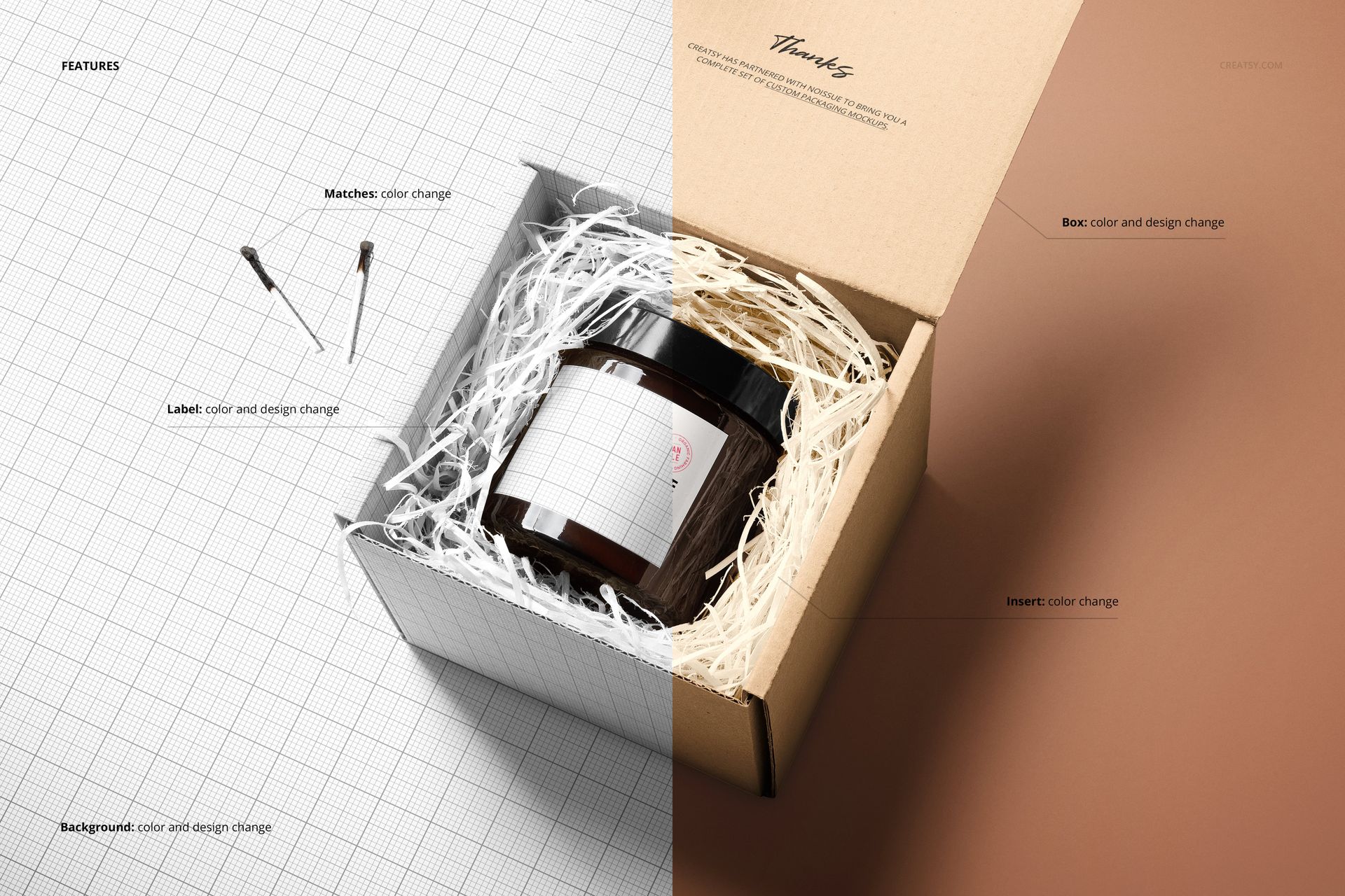 PSD mockup showing an amber jar candle in a cardboard box, surrounded by white shredded paper, with grid pattern details.