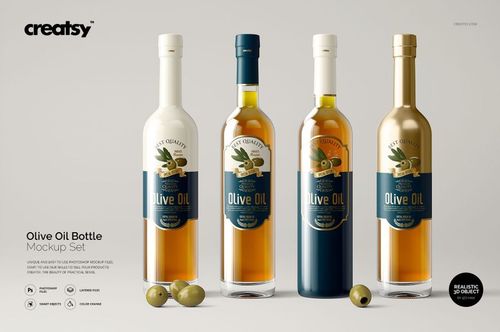Olive Oil Bottle Mockup set showing four bottles in matte and glossy finishes, with labels and olives on a neutral background.