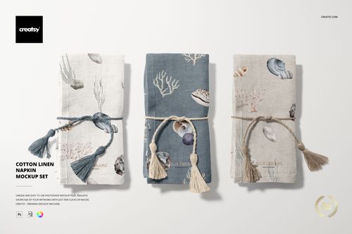 Cotton linen napkin mockup set in neutral and blue tones, arranged side by side with visible sea life designs.