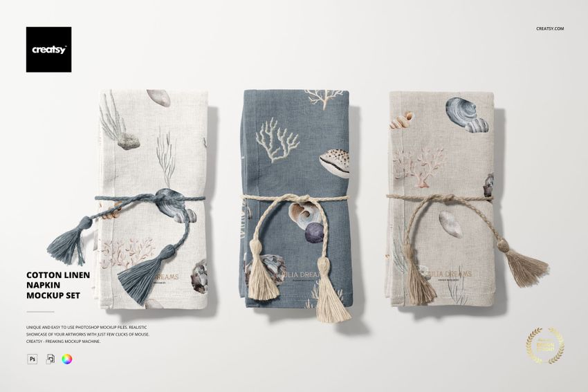 Cotton linen napkin mockup set in neutral and blue tones, arranged side by side with visible sea life designs.