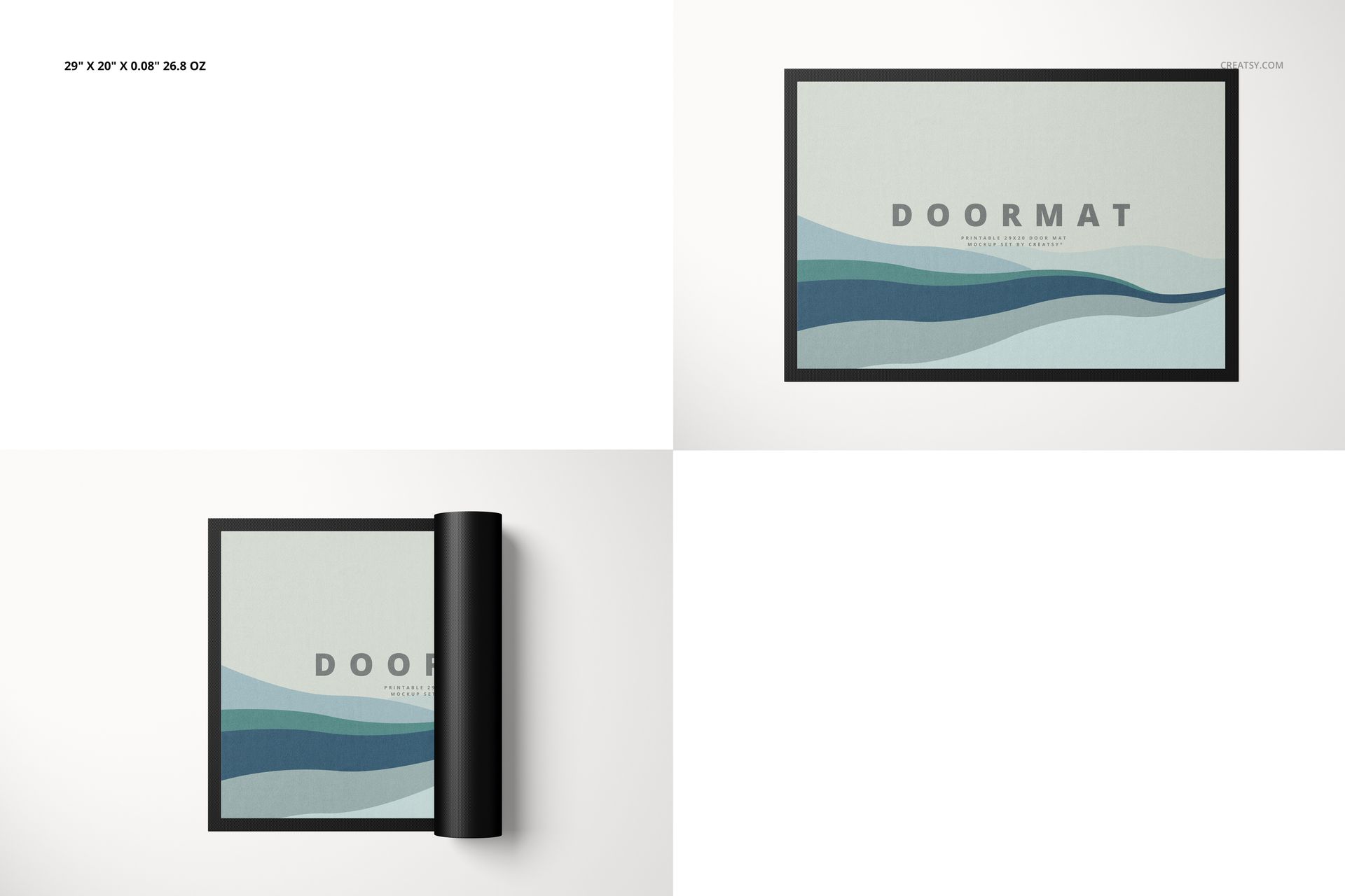 Door mat mockup featuring a top-down perspective, black frame, and layered blue wave design on white surface.