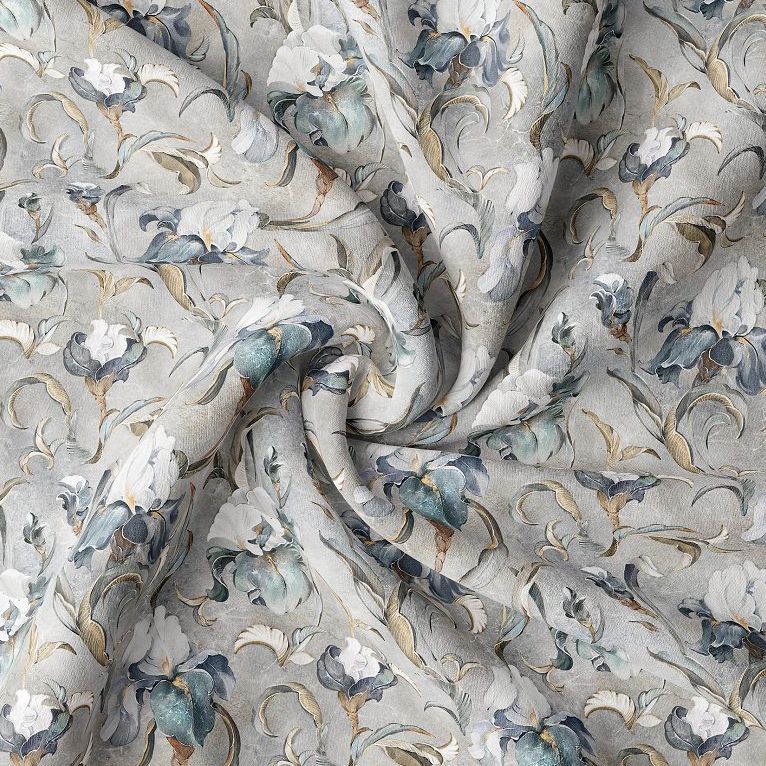 Double brushed polyester fabric mockup featuring a swirling arrangement with an irises floral pattern in muted tones.