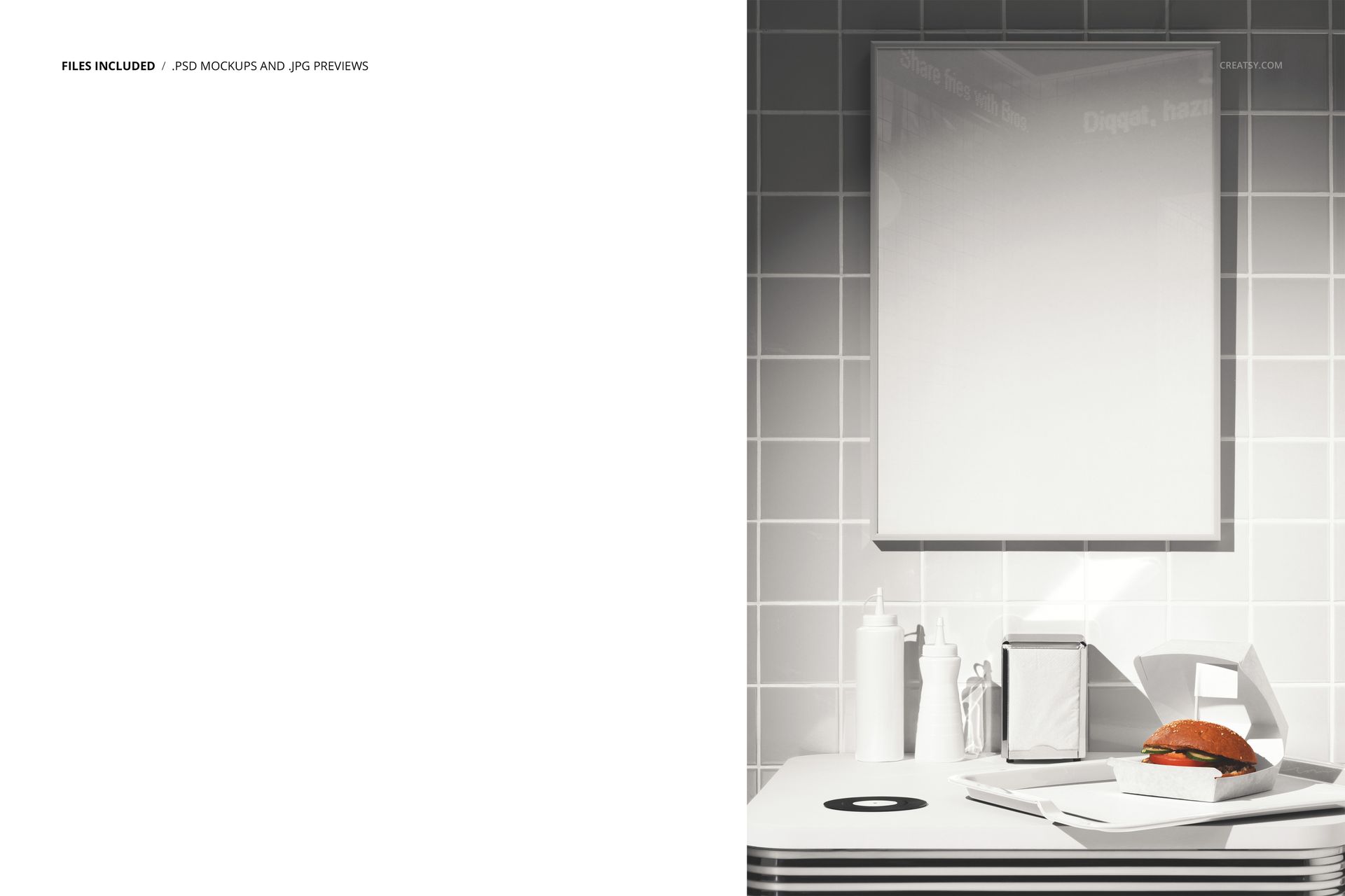 Front view of a fast food restaurant scene with a blank poster mockup above a table holding a burger and condiments.