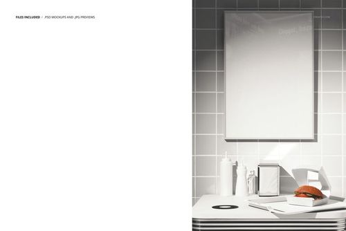 Front view of a fast food restaurant scene with a blank poster mockup above a table holding a burger and condiments.