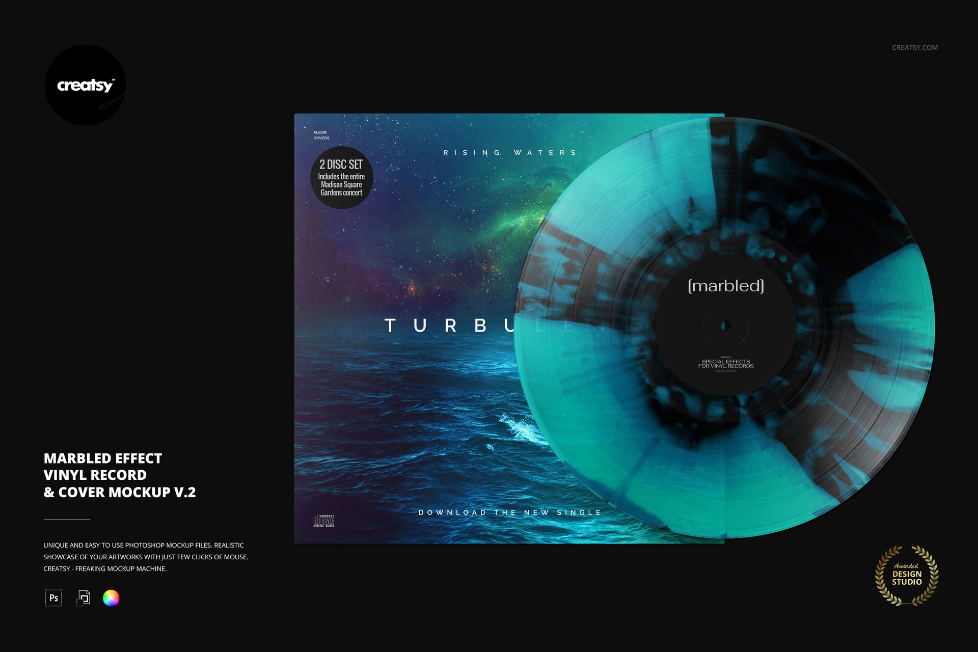 Front view of a marbled effect vinyl record and cover mockup, featuring blue and teal patterns on a dark background.