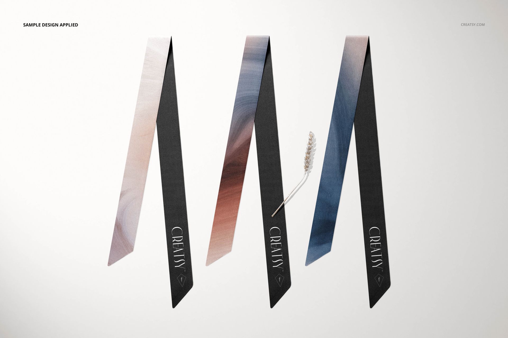 Silk twilly mockup set featuring elongated fabric strips in soft gradient colors, displayed from a top view.