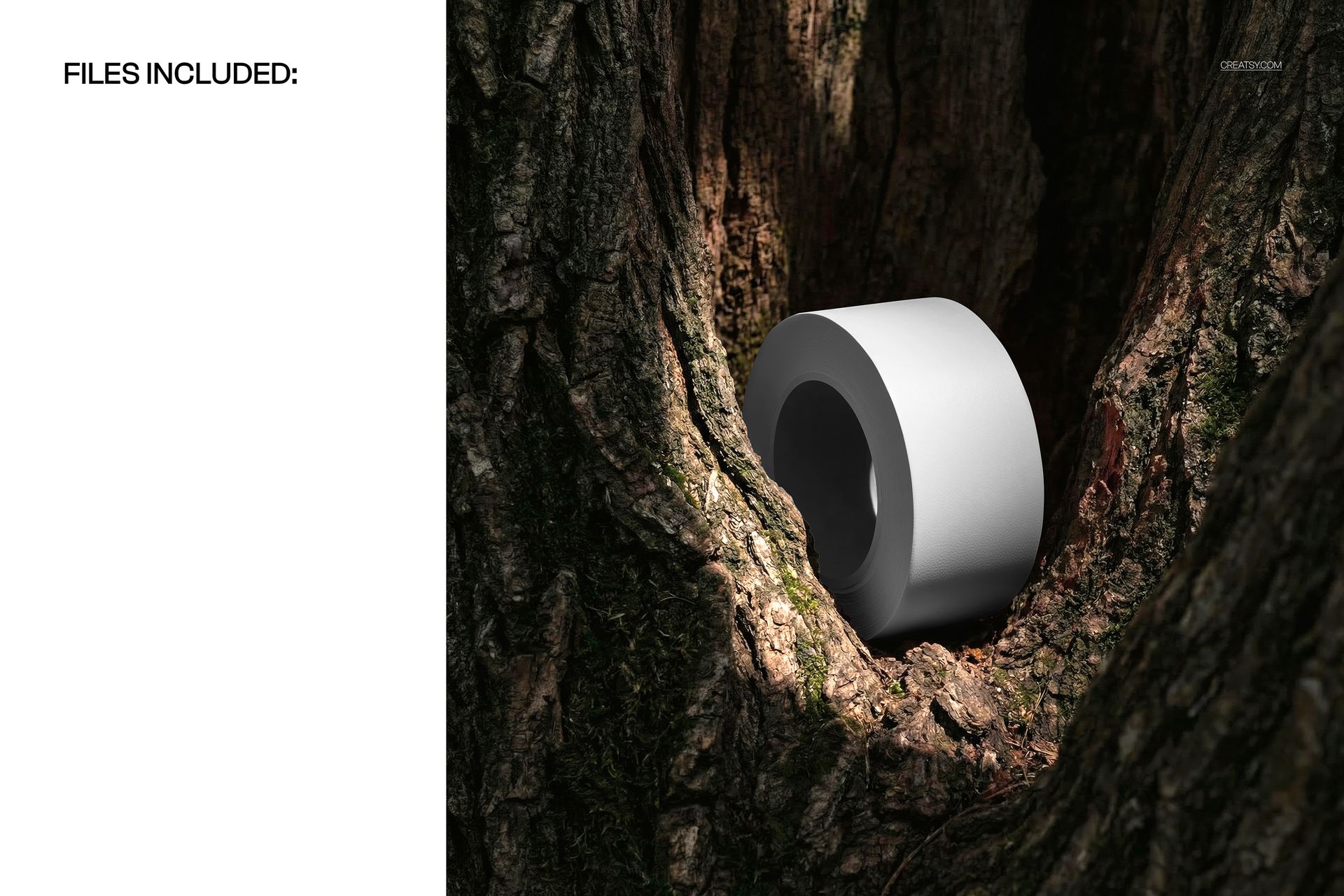 PSD mockup featuring a single duct tape roll positioned in a tree trunk, highlighting the contrast of materials.