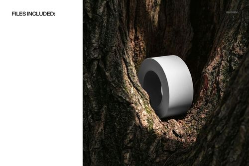 PSD mockup featuring a single duct tape roll positioned in a tree trunk, highlighting the contrast of materials.