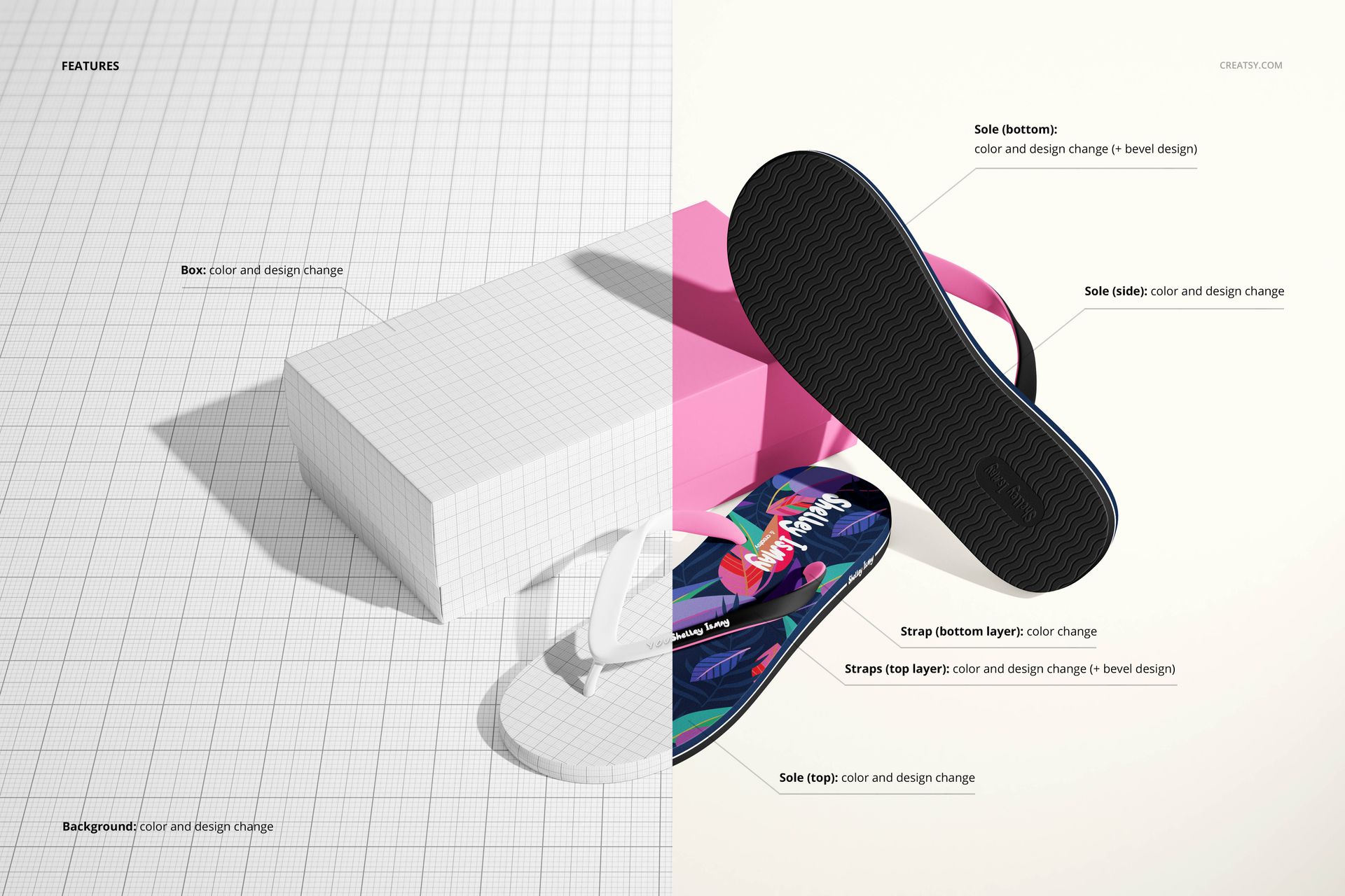 Flip flops mockup set showing a pair of sandals with colorful patterned straps and black soles, displayed from a top and bottom view against a split background.