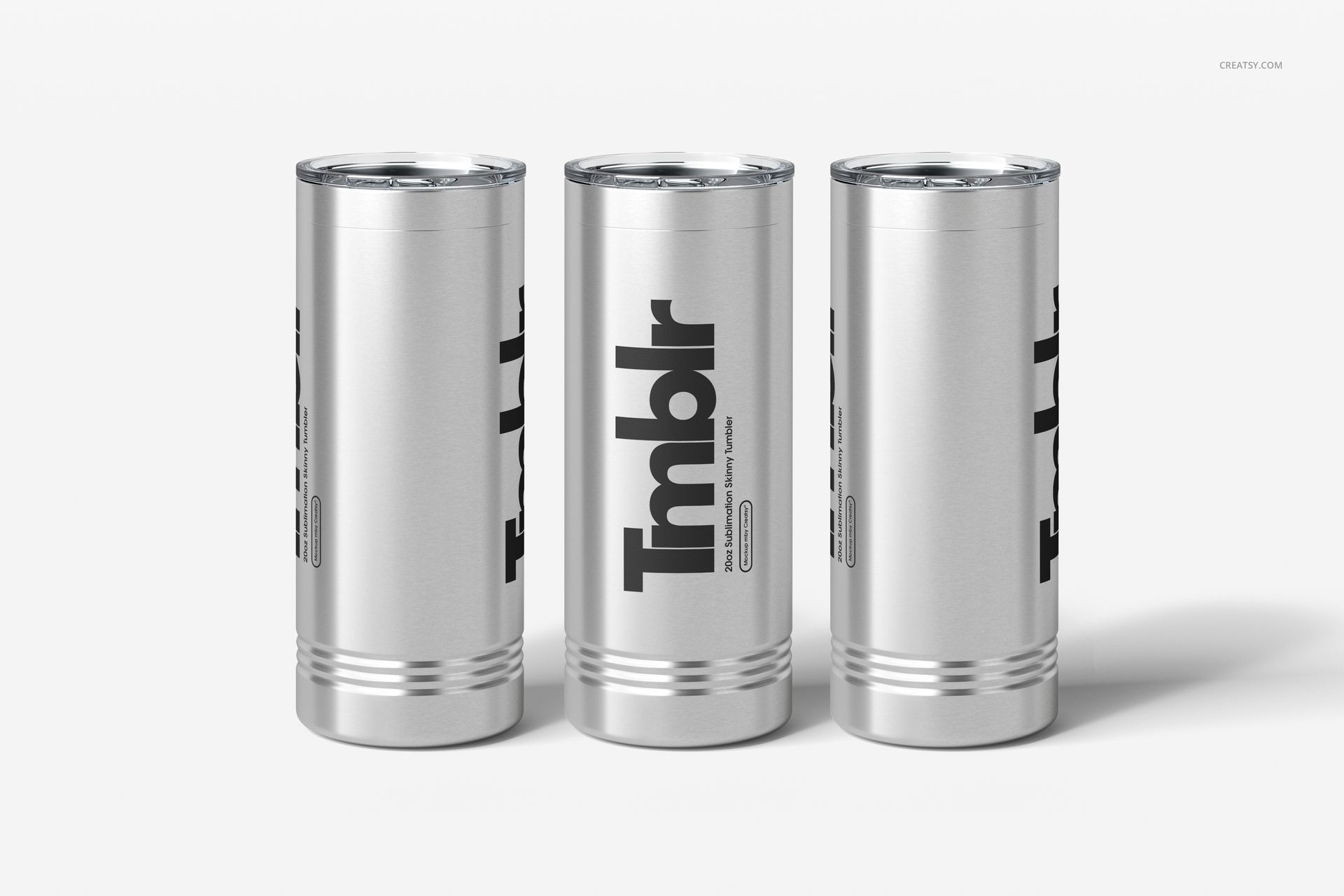 Three stainless steel skinny tumblers with vertical black text, shown from the front on a white background.