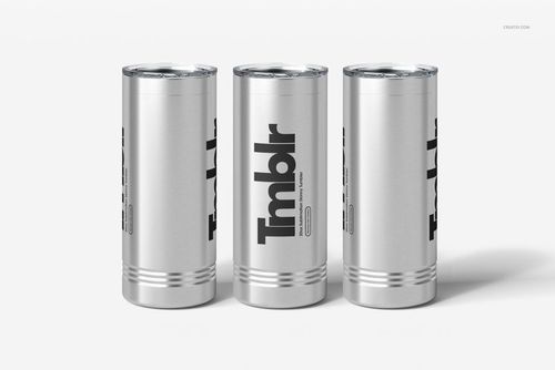 Three stainless steel skinny tumblers with vertical black text, shown from the front on a white background.
