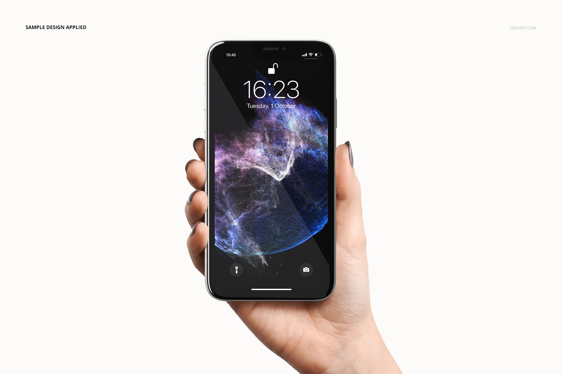 PSD mockup featuring a black iPhone 11 in a hand, showing a vibrant digital wallpaper, isolated on white.