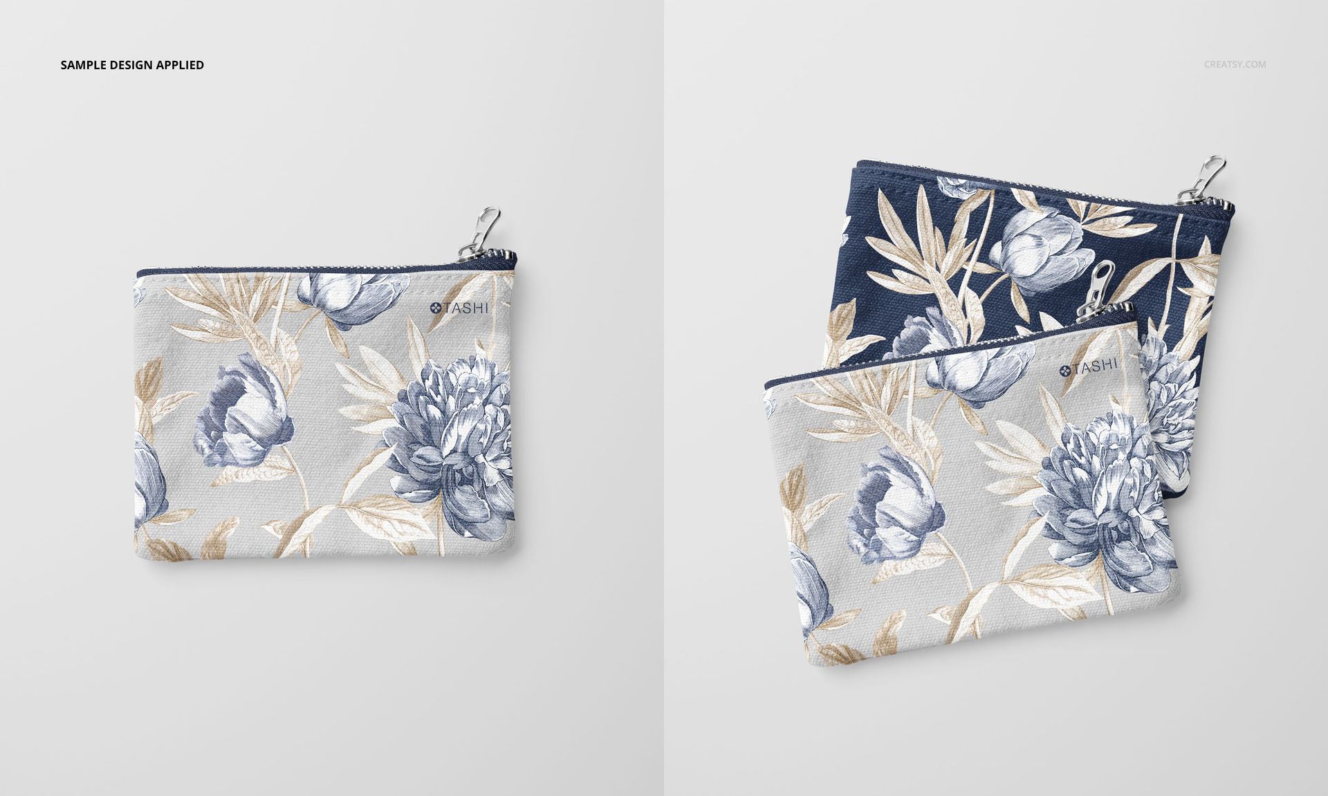 Flat canvas pouch with floral pattern in blue and beige tones, shown from the front and partially overlapping on a light surface.