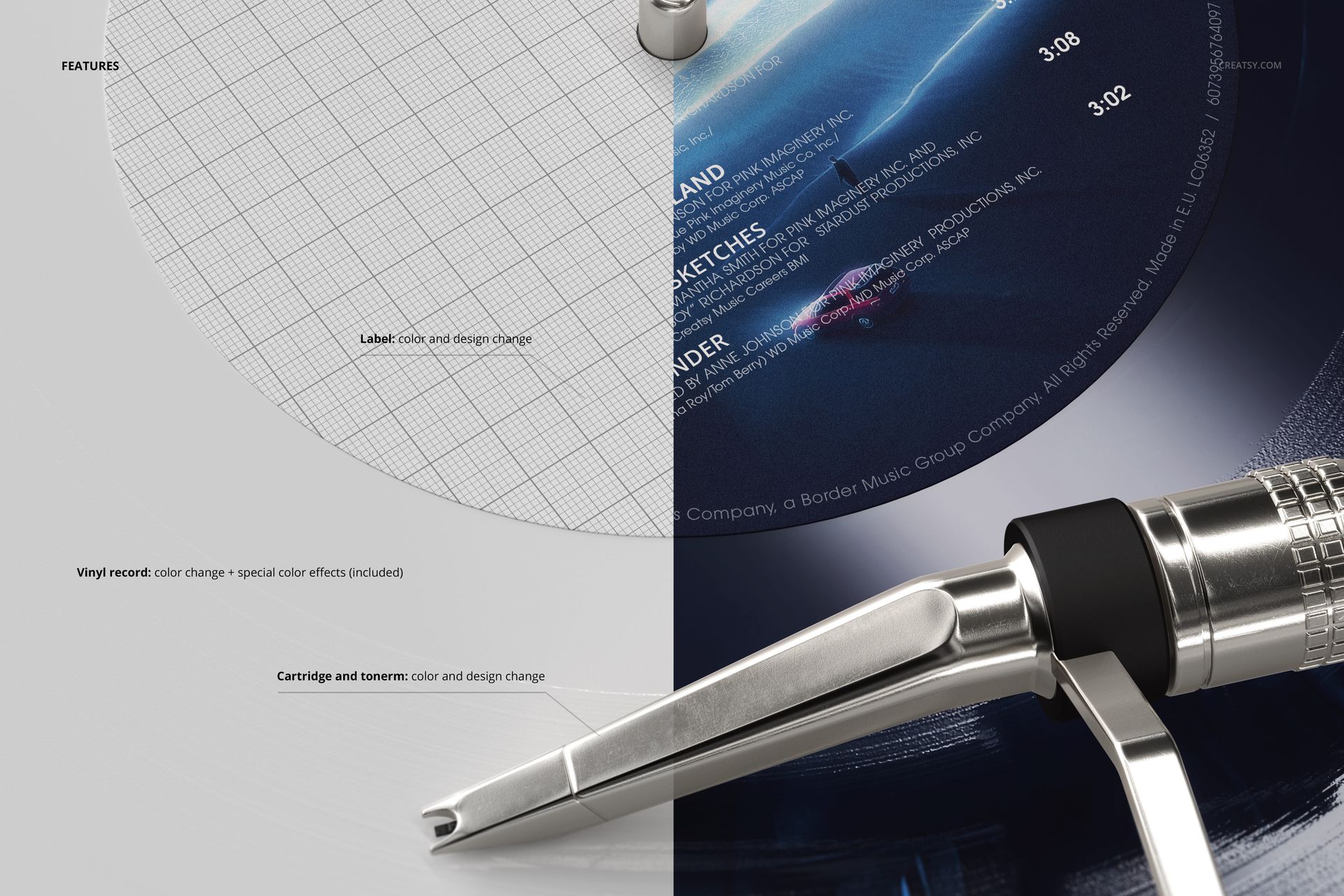 PSD mockup featuring a vinyl record on a turntable with a Concorde cartridge, split to show design customization options.