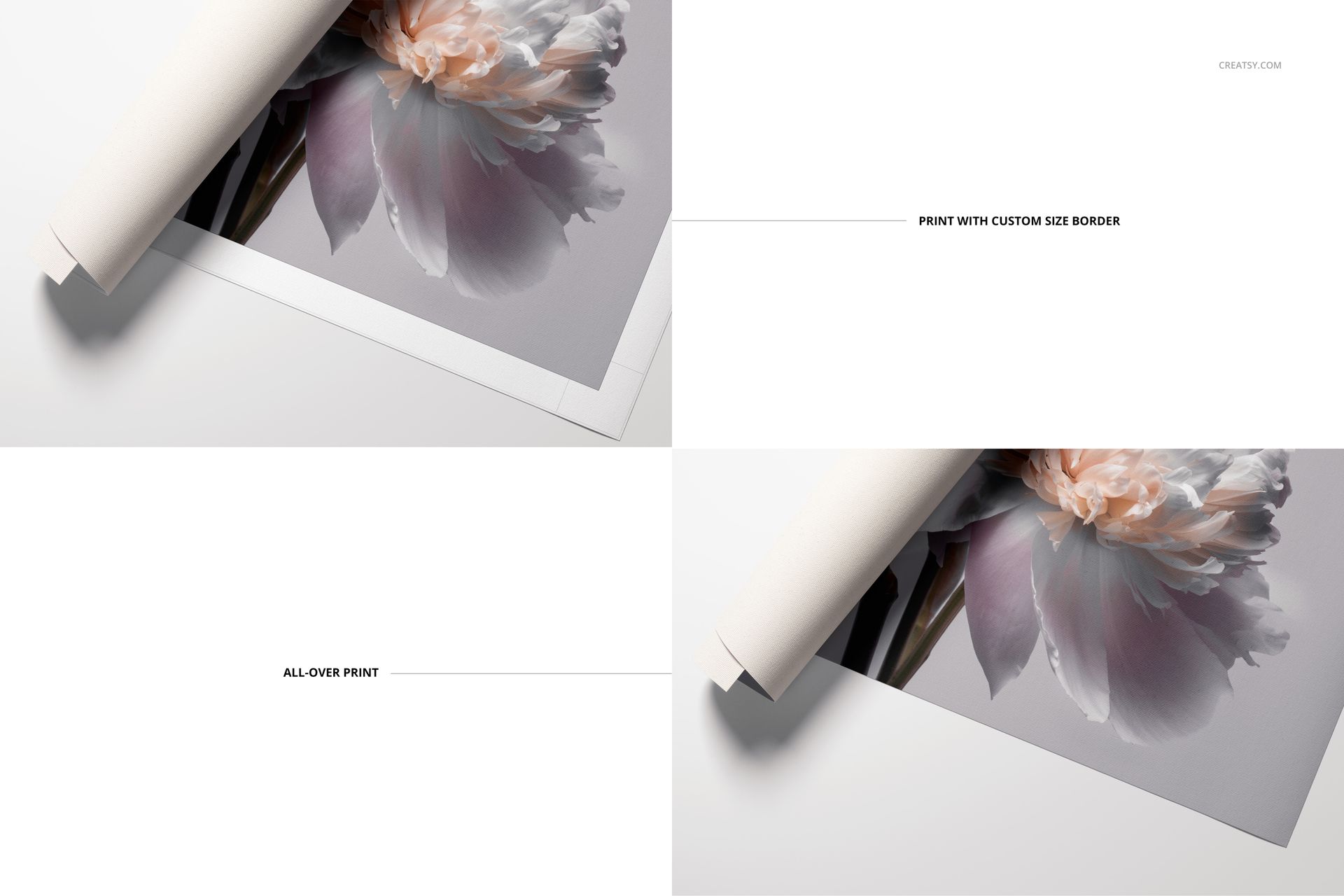 Rolled canvas print mockup showing two layouts, one with a white border and one with edge-to-edge floral artwork.