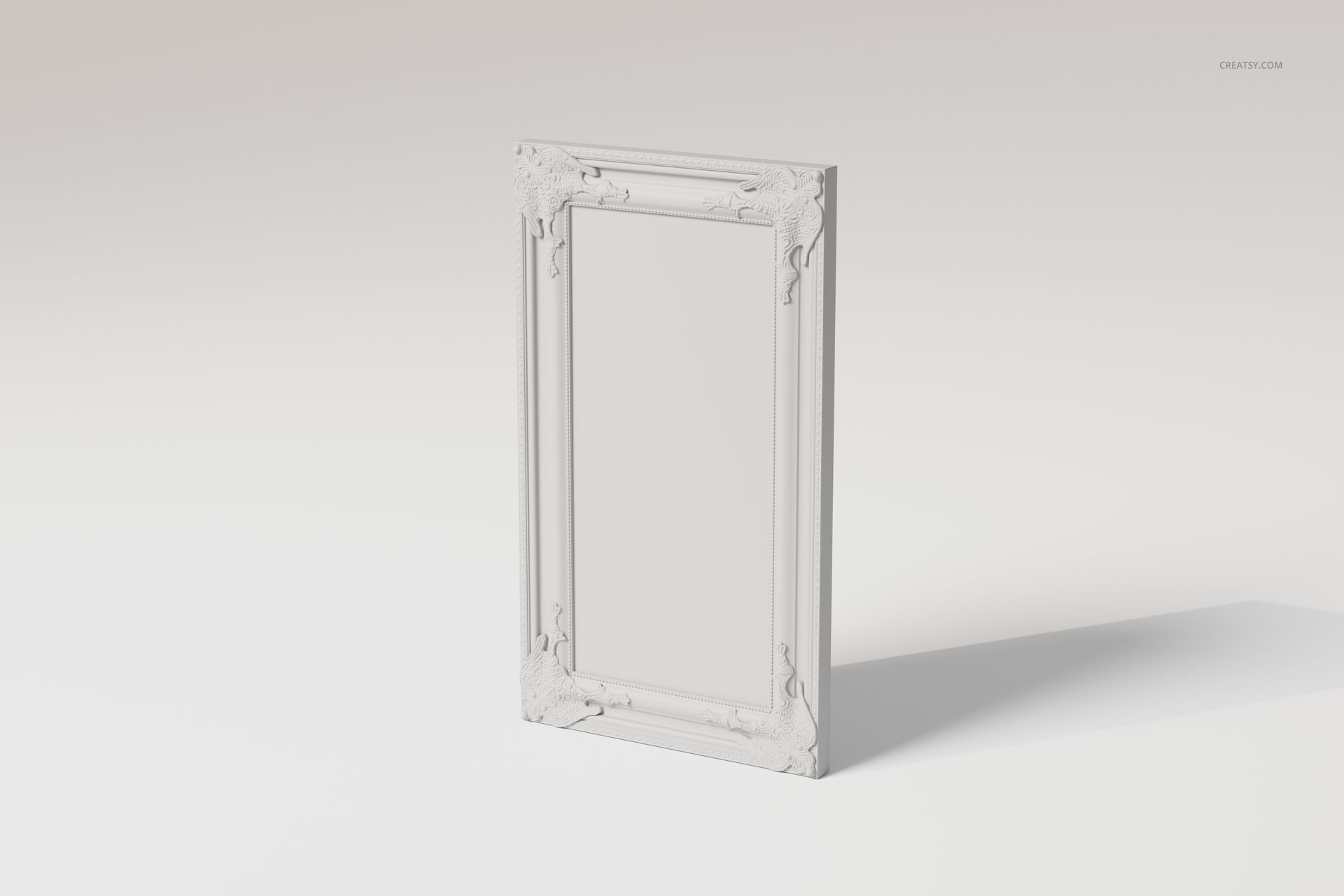 Front view of a detailed ornate poster frame in white, featuring intricate decorative patterns and a blank center.