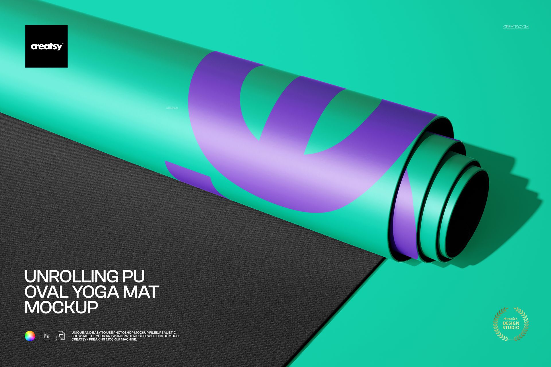 Unrolling oval yoga mat mockup with turquoise and purple pattern, shown from a top angle on a teal background.