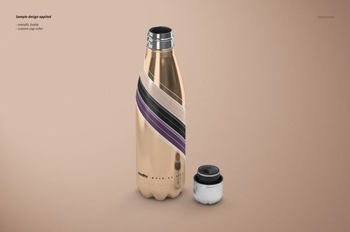 Double wall vacuum stainless steel bottle mockup featuring a glossy finish and diagonal stripe design, cap removed.