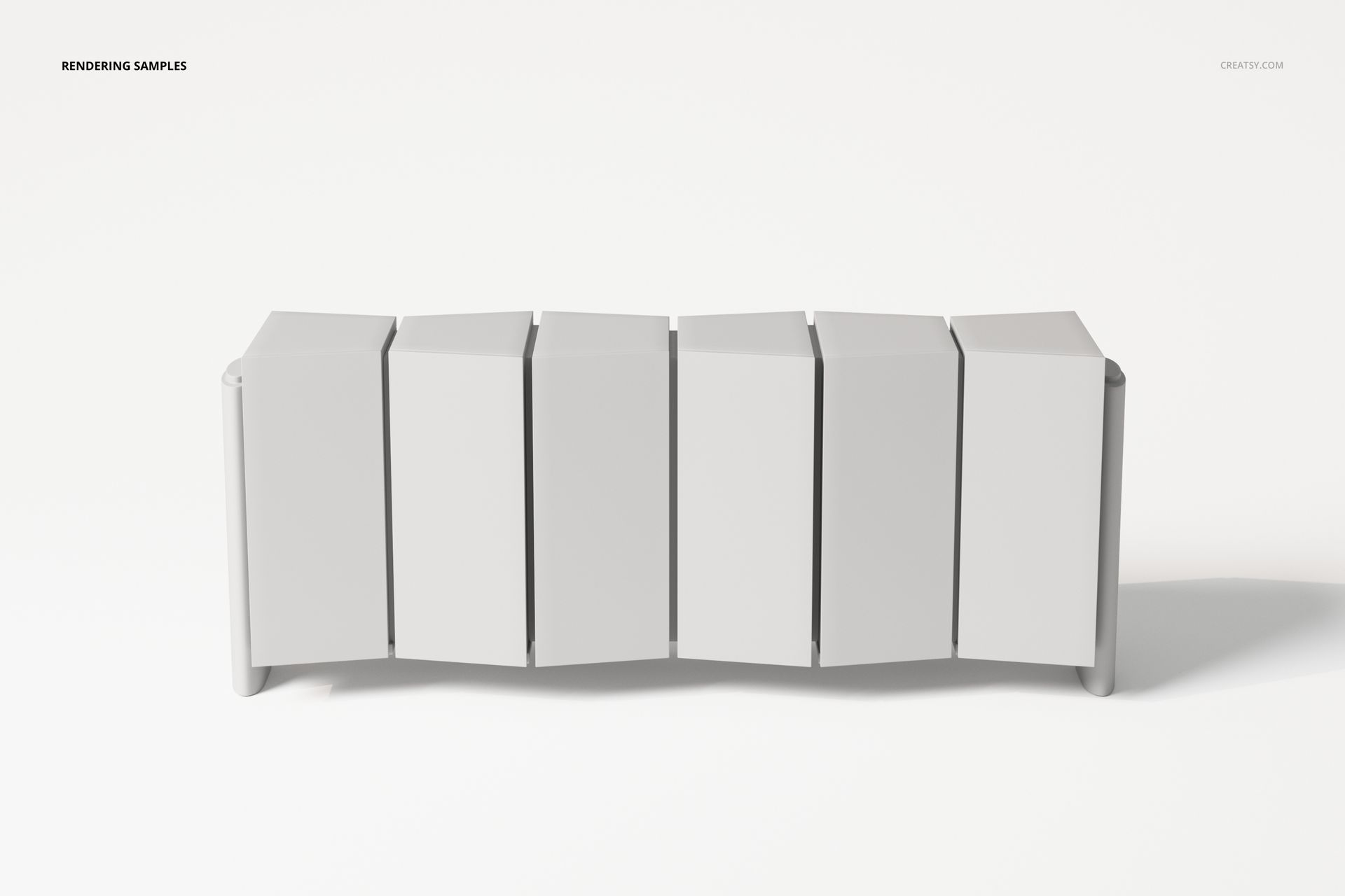 Front view of a postmodern style sideboard with geometric panels in light gray, set against a plain white background.