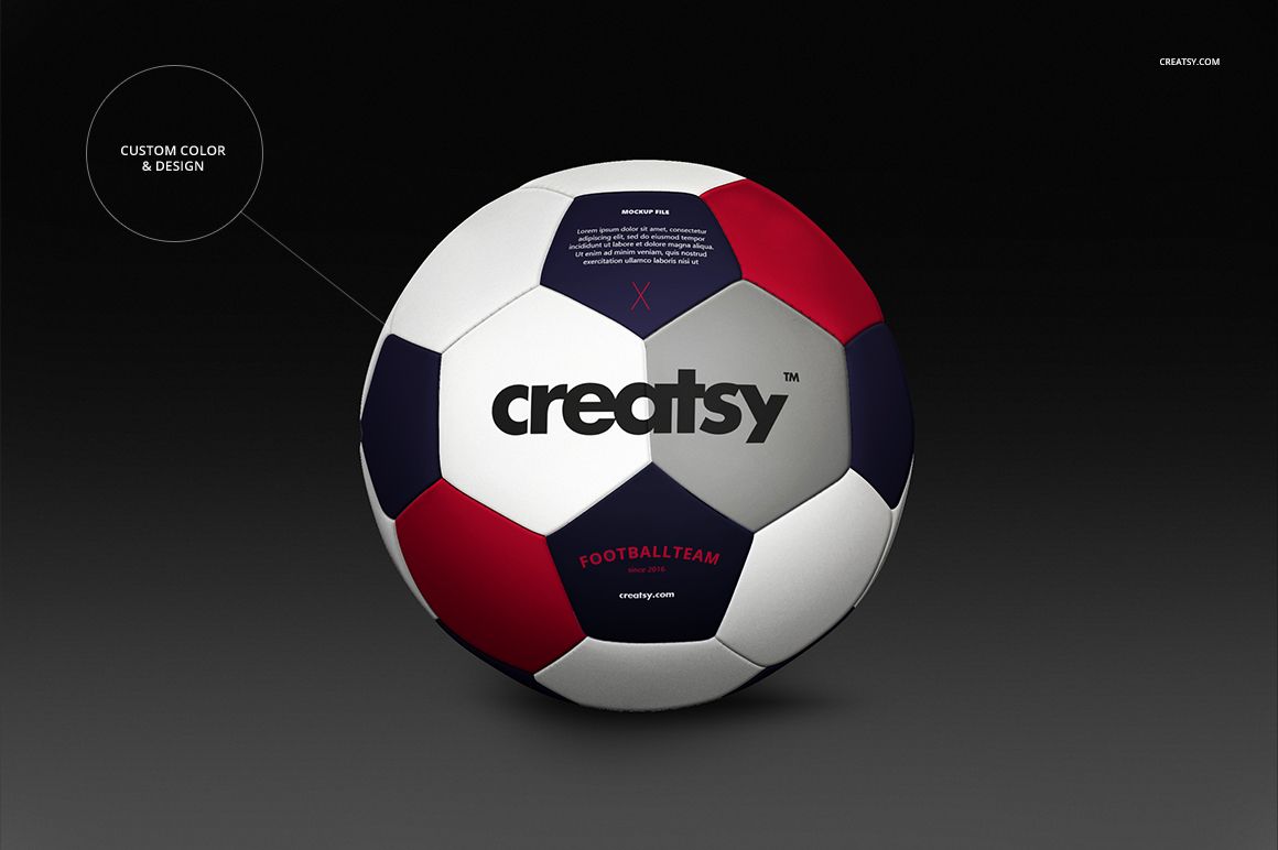 PSD mockup of a soccer ball featuring customizable red, blue, and white segments, shown from the front on a dark surface.