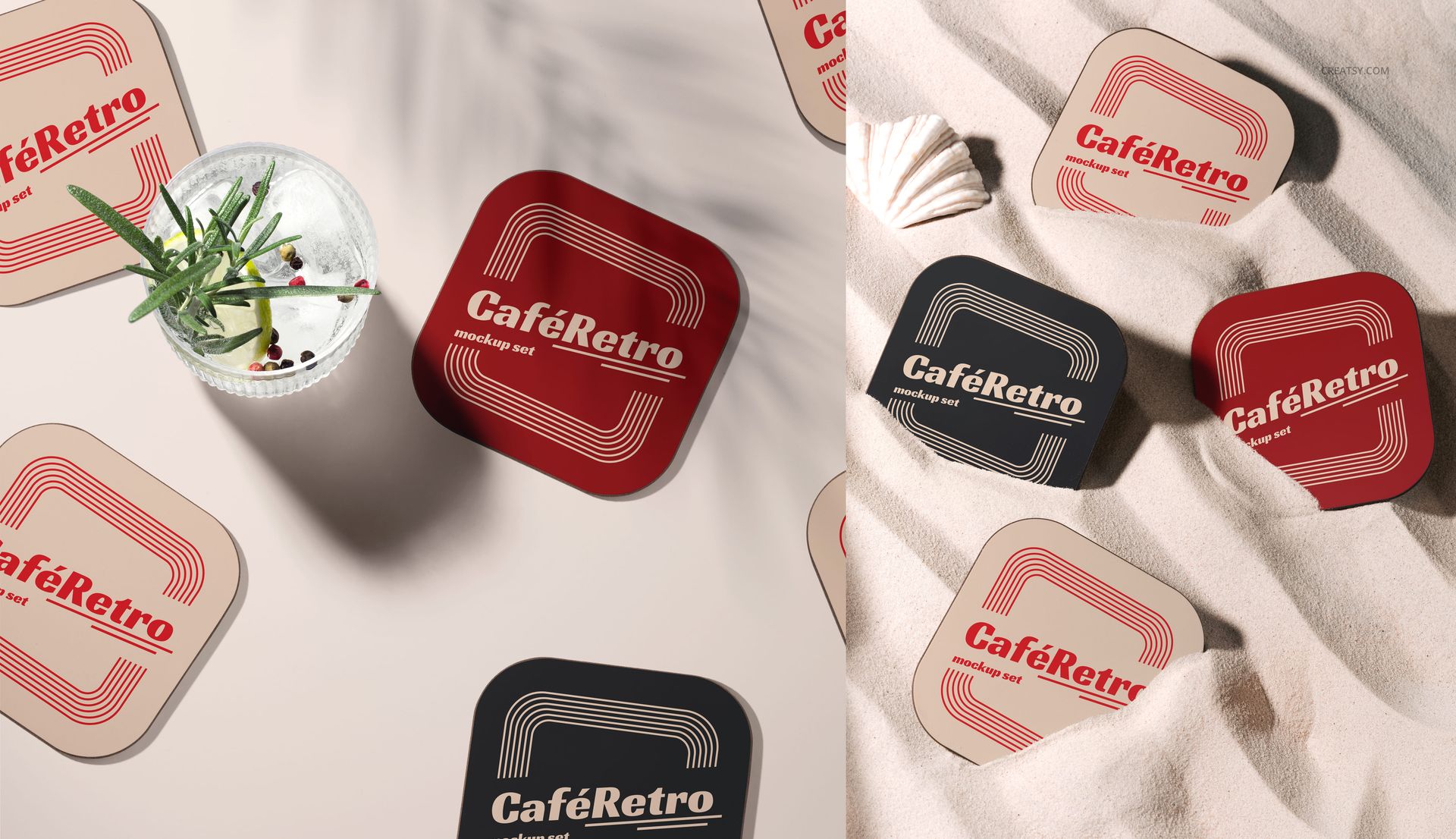 Contrado coaster PSD mockup featuring assorted colored coasters arranged in groups on neutral and textured backgrounds.