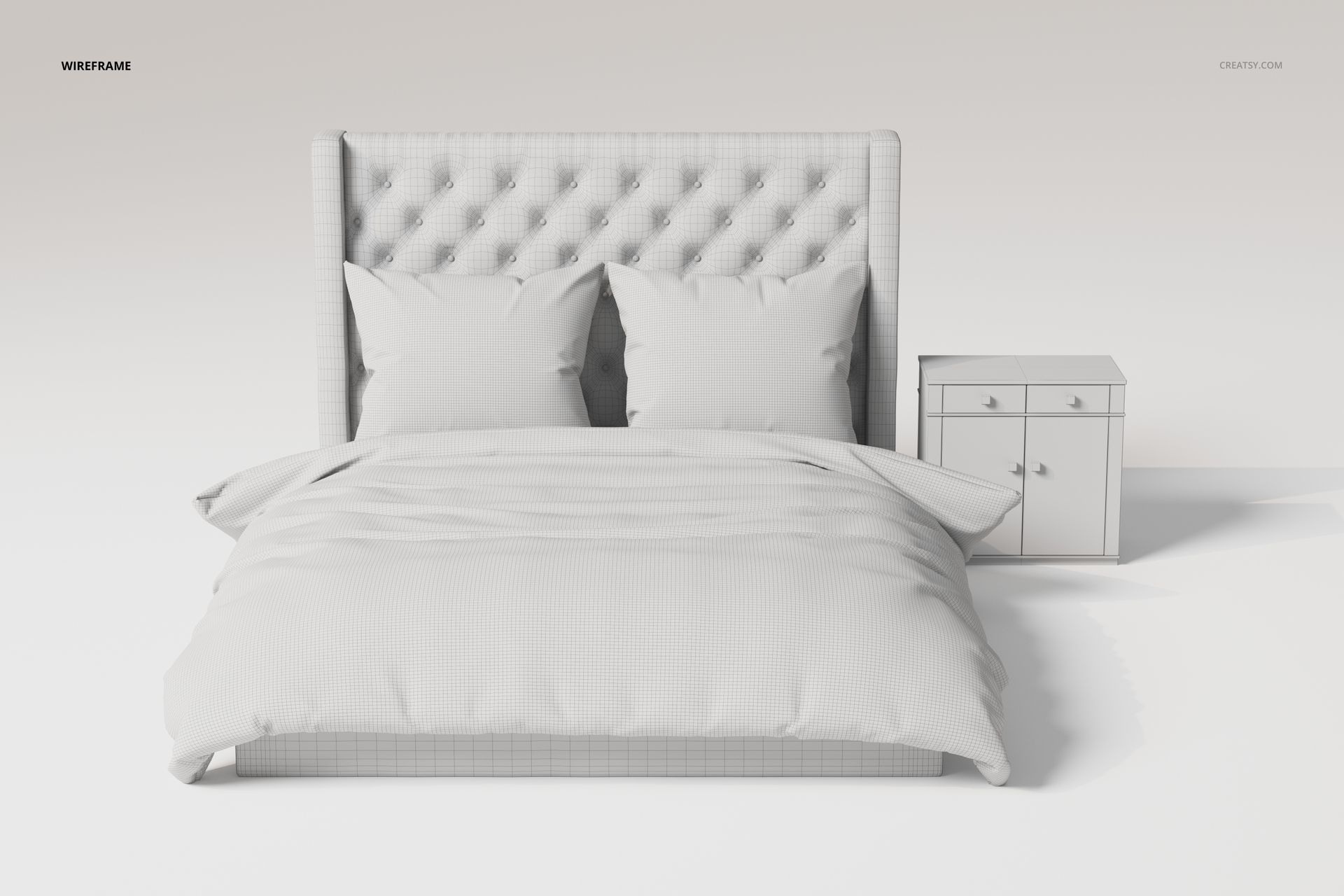 Front view of a tufted panel bed with two pillows and a matching nightstand, shown in a neutral wireframe style.
