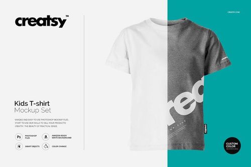 Kids T-shirt mockup featuring a short-sleeve shirt with a split white and gray design, shown from the front.