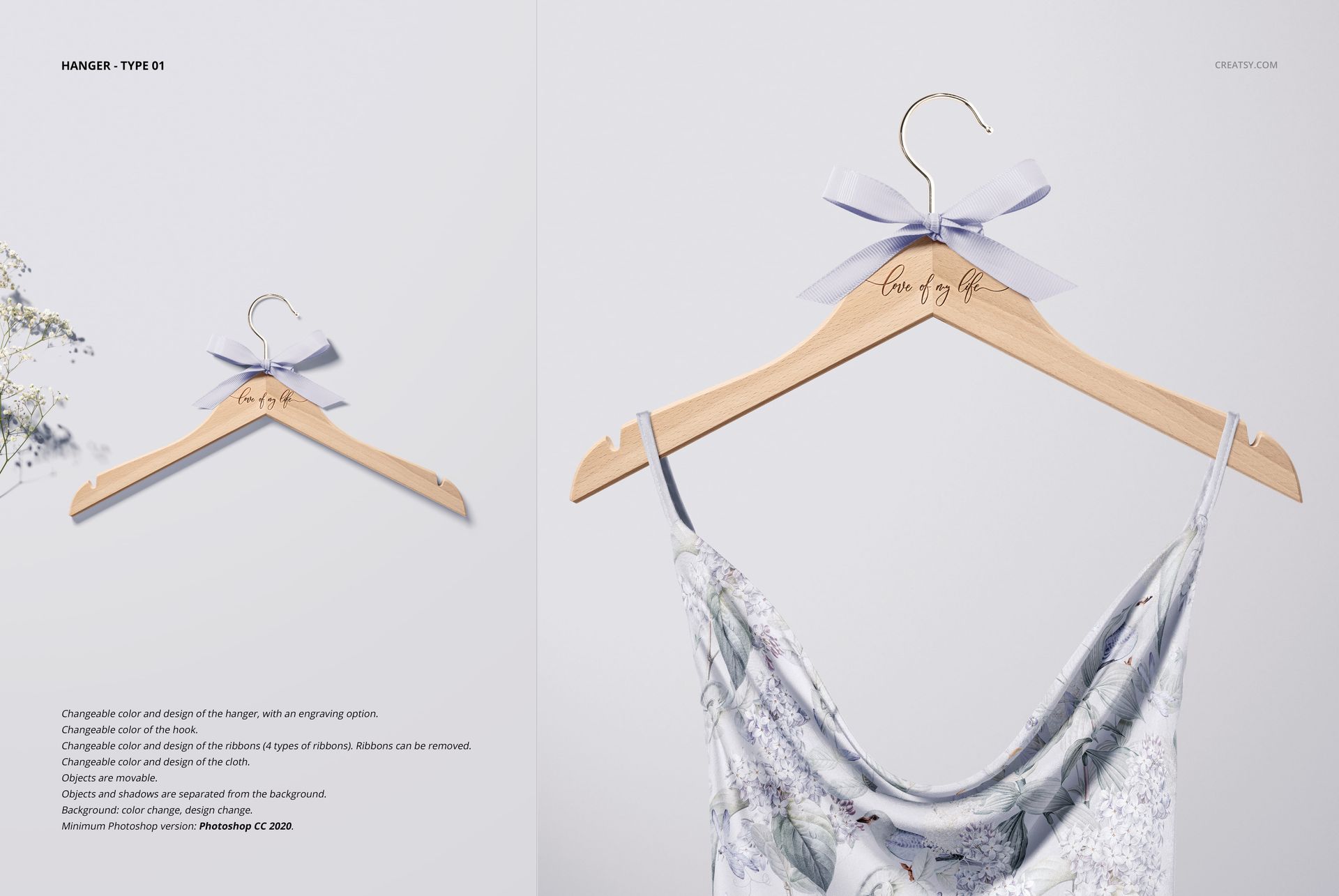 Front view of a wooden hanger mockup featuring custom text, a pastel ribbon, and a draped floral garment on a soft backdrop.