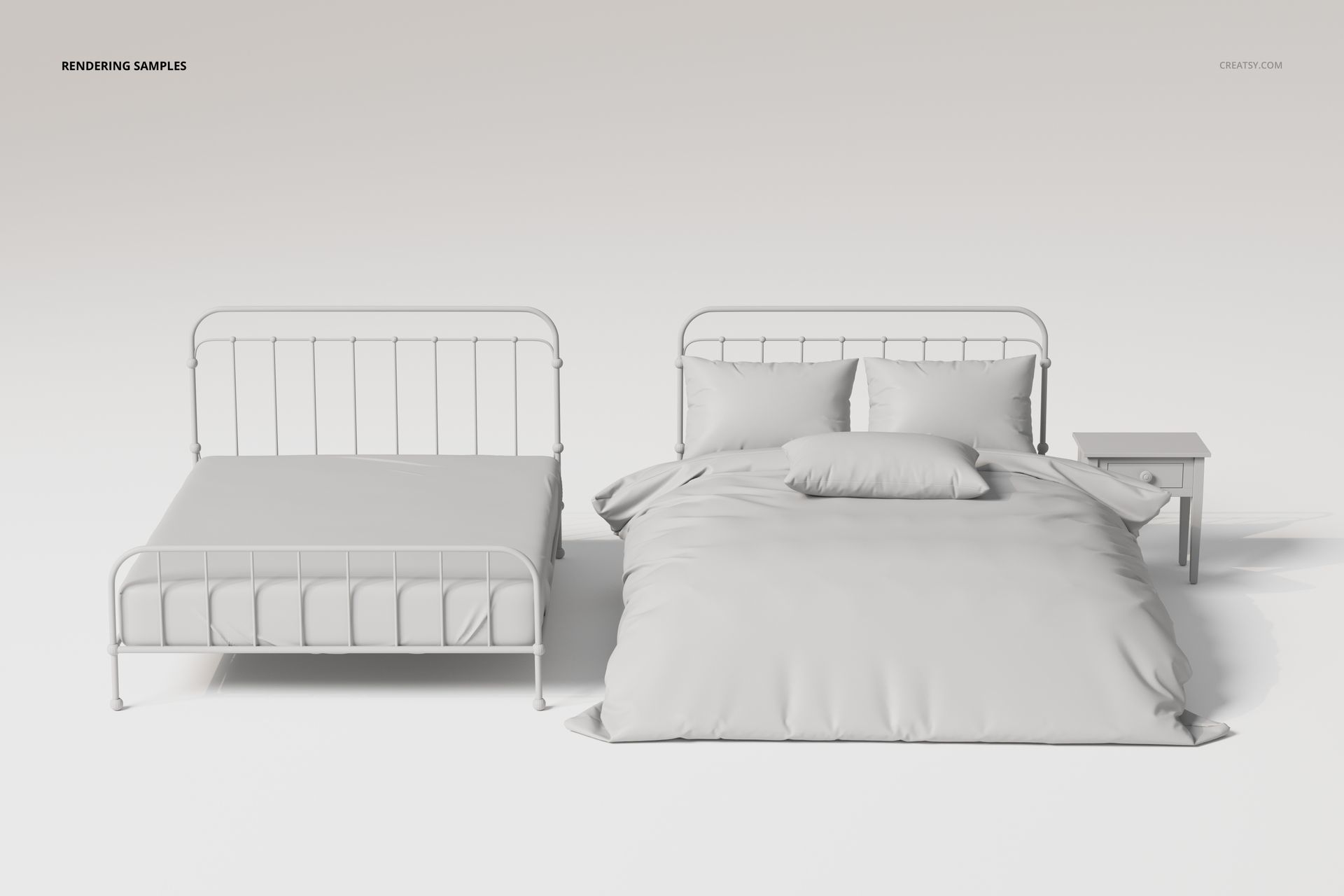 Metal slatted headboard bed and bedding set in light gray, shown from a front view with a matching nightstand.