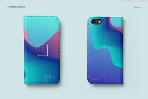 Foldable iPhone 8 case mockup set featuring two cases with abstract blue and pink patterns, front and back view.