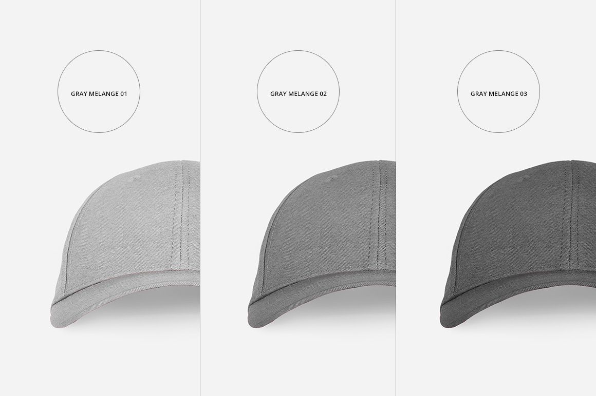 Three fullcap mockup hats in different shades of gray melange, shown from the front against a white backdrop.