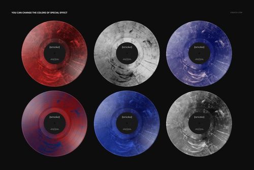 PSD mockup showing six vinyl records with colored smoke effects, including red, blue, gray, and black, on a black surface.