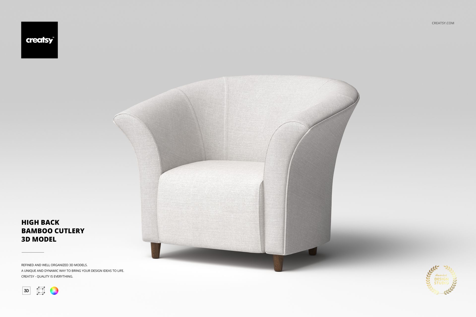 High back tub chair with light gray fabric upholstery, curved armrests, and wooden legs shown from a front angle.