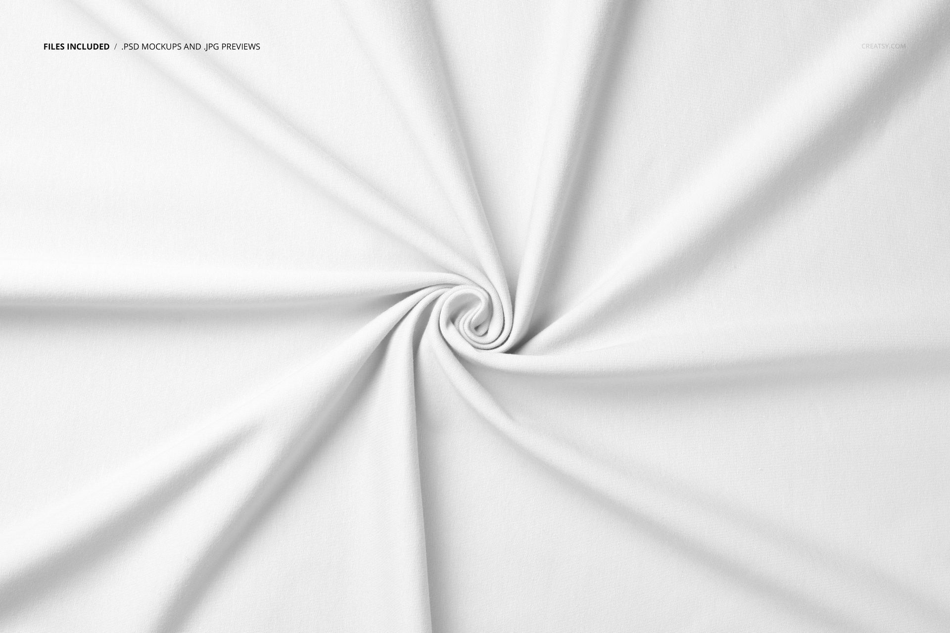 Twisted jersey fabric mockup showing white cloth with a spiral fold pattern, viewed from above on a plain background.