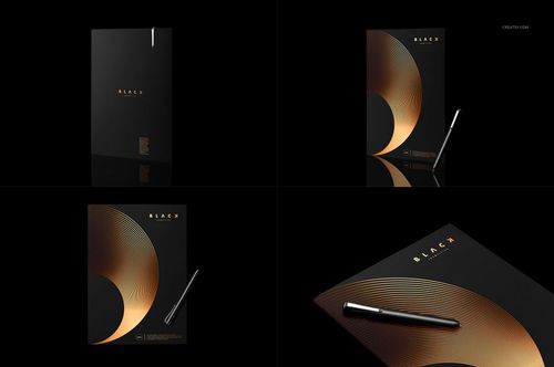 Folder mockup set featuring a black folder with gold circular gradient design, shown with a pen on a dark background.