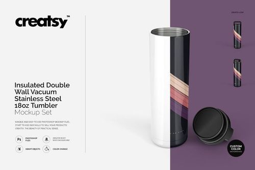 Insulated double wall stainless steel tumbler mockup with vertical colored stripes and detached lid, displayed on a clean background.